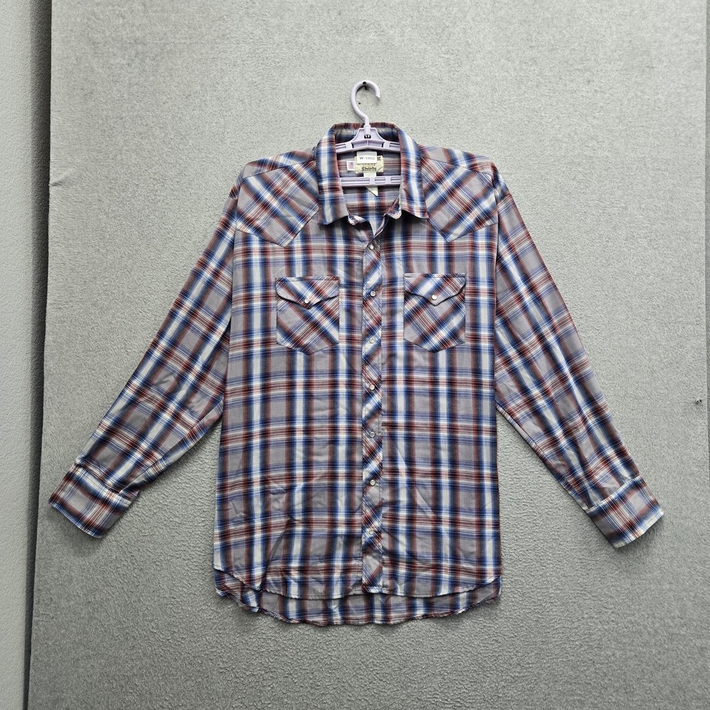 VINTAGE Ruddock Men Button Up Shirt 19-1/2 37 Gray Plaid Western Pearl Snap